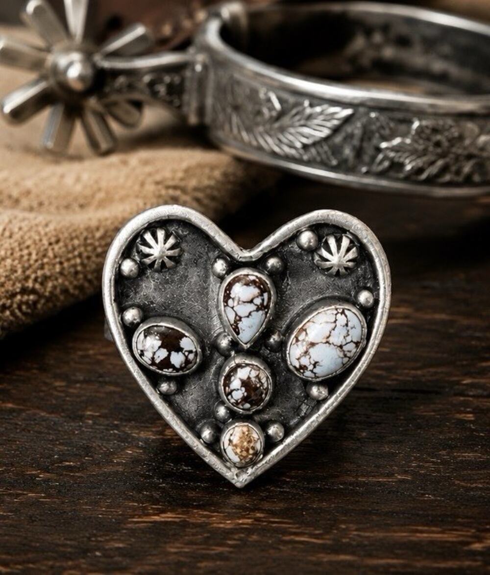 White Horse Turquoise Stones Set In A Large Sterling Silver Heart W Silver Beads